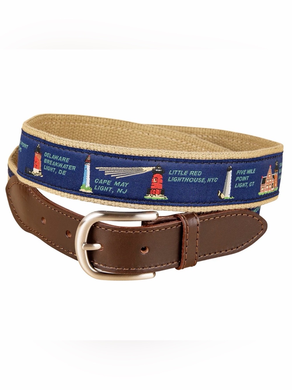 Preppy Lighthouse Belt Tan Navy Blue Brown Leather Trim Belted Cow